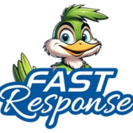 Fast Response logo with cartoon roadrunner mascot.